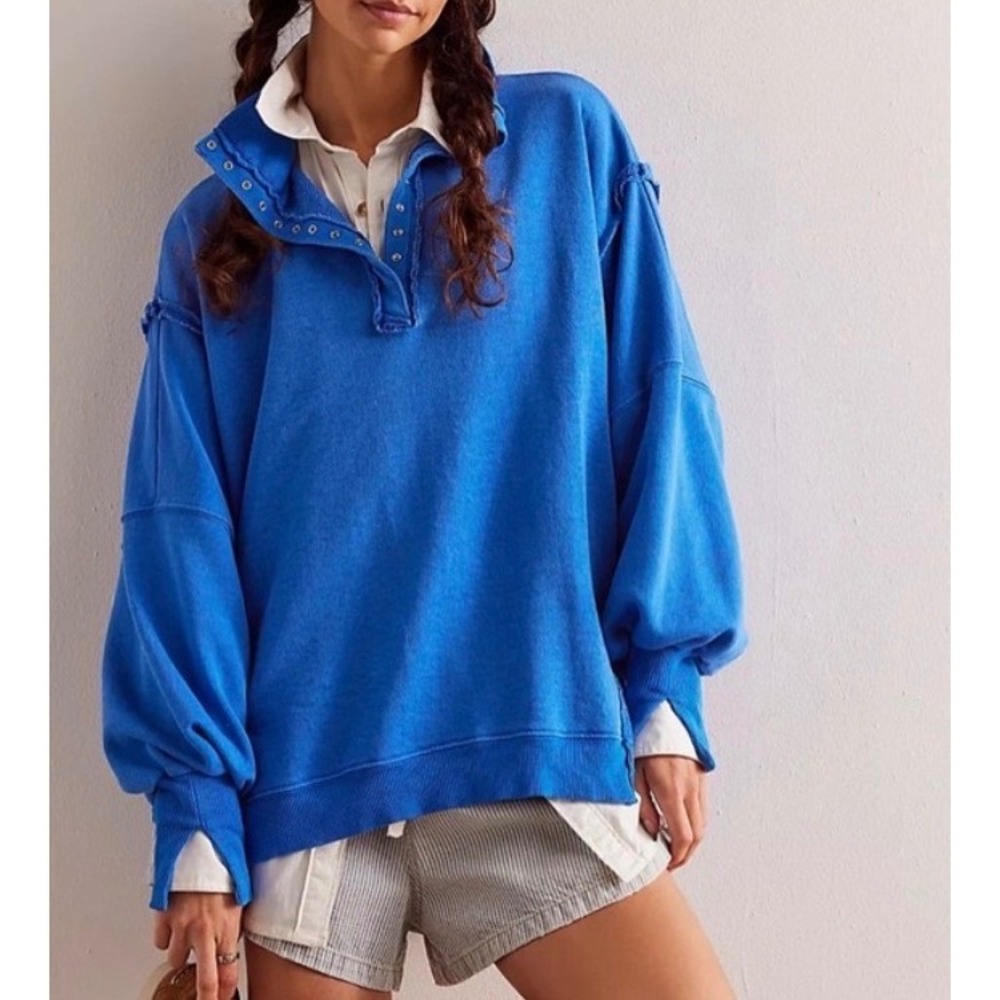 We The Free People Shirt Sweatshirt Pullover Camden Henley Blue Large - Picture 1 of 10